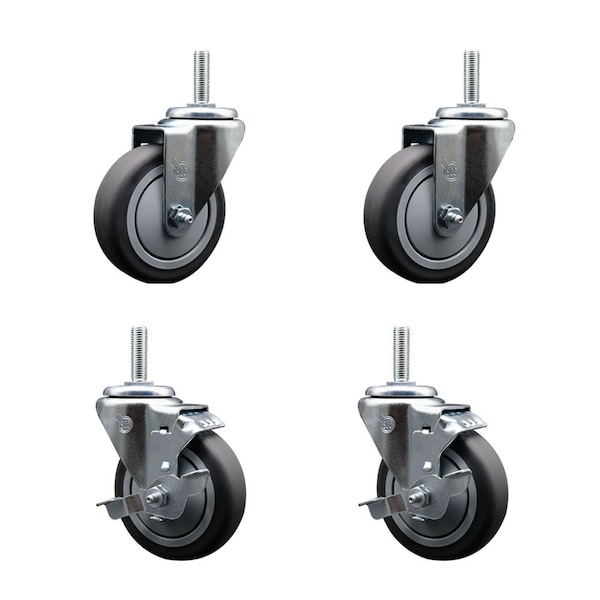 Service Caster 4 Inch Thermoplastic Rubber Wheel Swivel 58 Inch Threaded Stem Caster Set 2 Brakes SCC SCC-TS20S414-TPRB-58212-2-TLB-2 - main